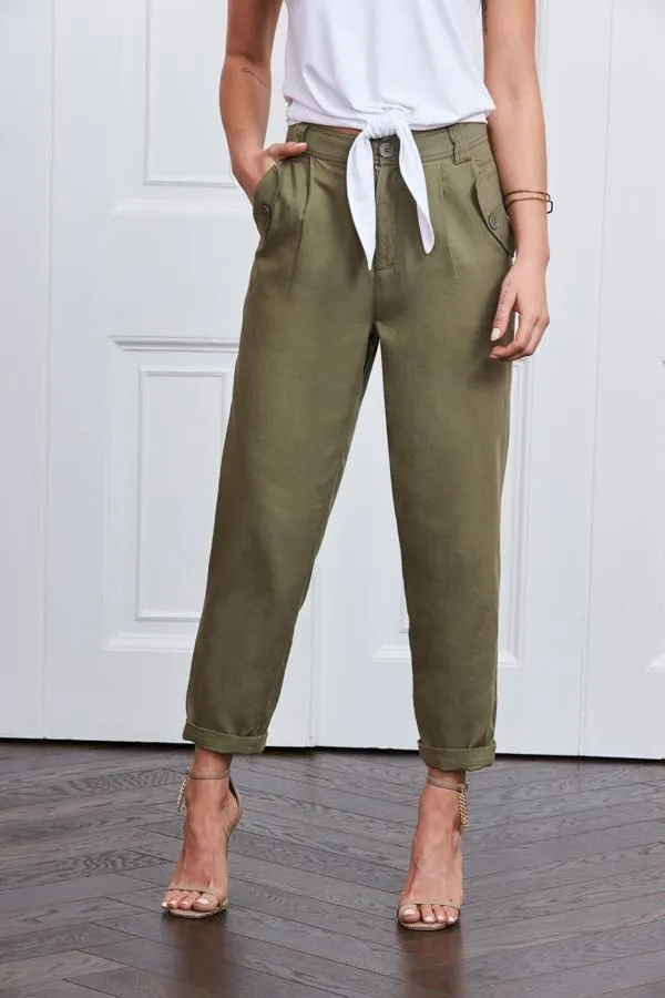 Sosandar Trousers and Leggings Women Khaki Button Detail Utility Trousers Khaki