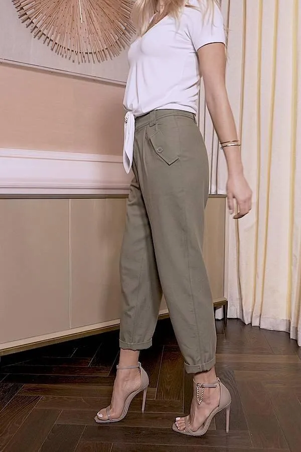 Sosandar Trousers and Leggings Women Khaki Button Detail Utility Trousers Khaki