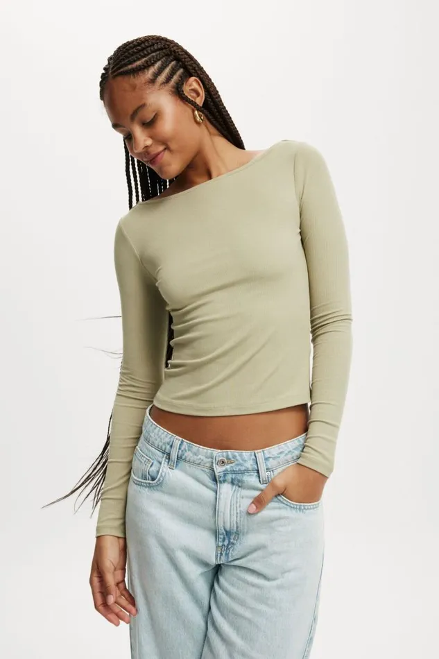 Staple Rib Boat Neck Long Sleeve Top Desert Sage Women Cotton On Tops