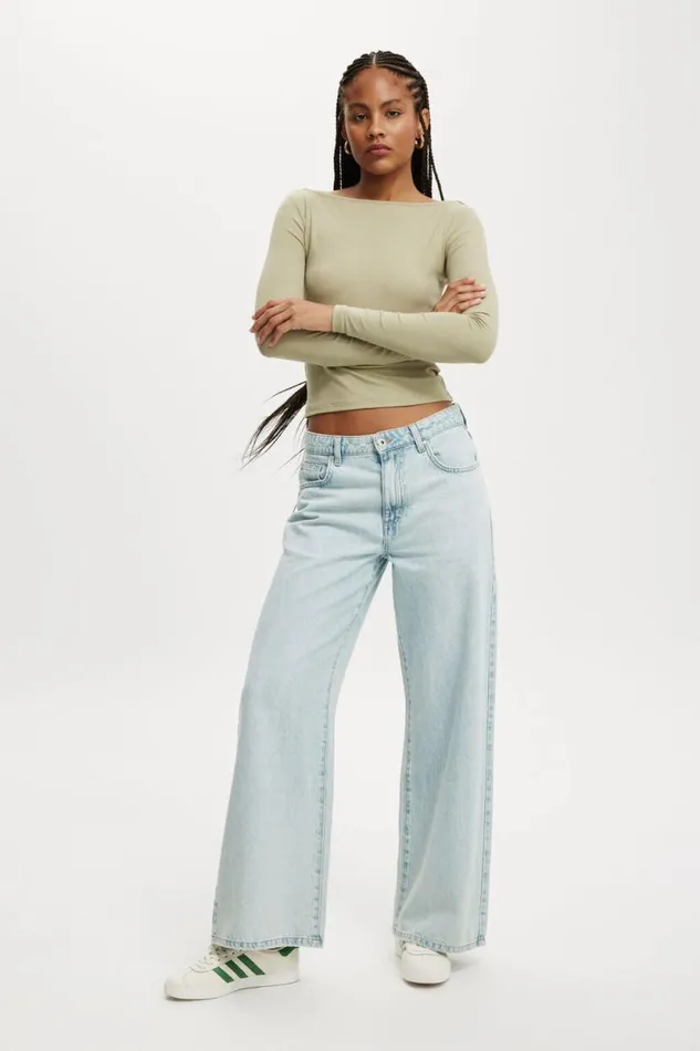 Staple Rib Boat Neck Long Sleeve Top Desert Sage Women Cotton On Tops