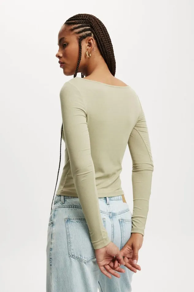Staple Rib Boat Neck Long Sleeve Top Desert Sage Women Cotton On Tops