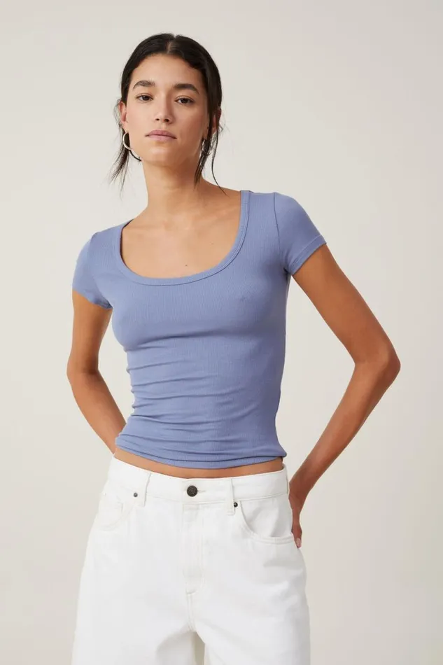 Staple Rib Scoop Neck Short Sleeve Top Elemental Blue Women Cotton On Tops