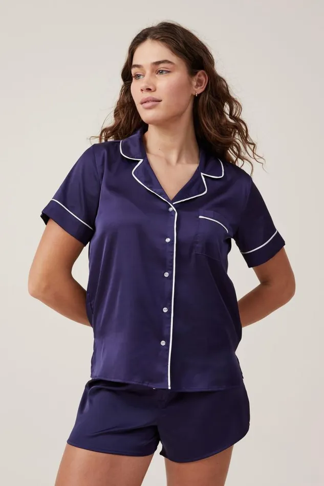 Staycay Satin Sleep Set Navy Visiondiamante Button Women Cotton On Pajamas