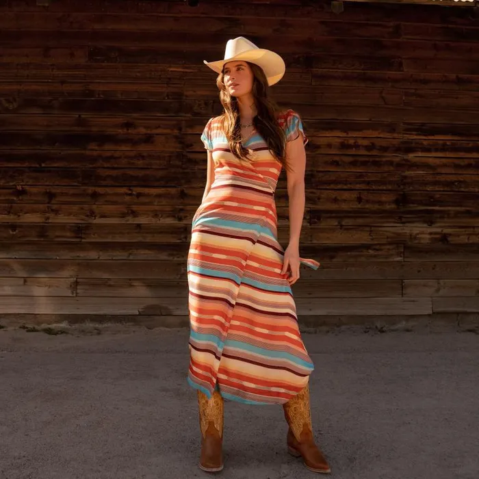 Sunset Serape Print Rayon Herringbone Wrap Front Dress Multi Women Stetson Midi
