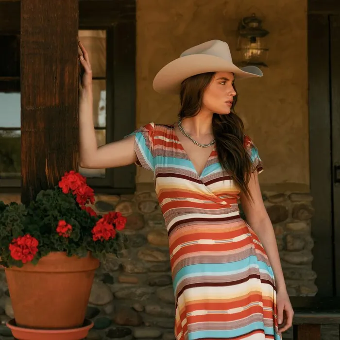 Sunset Serape Print Rayon Herringbone Wrap Front Dress Multi Women Stetson Midi