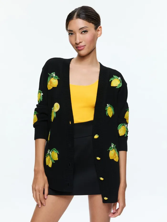 Sweaters Women Alice Olivia BRADFORD CARDIGAN WITH APPLIQUES Lemon Tree