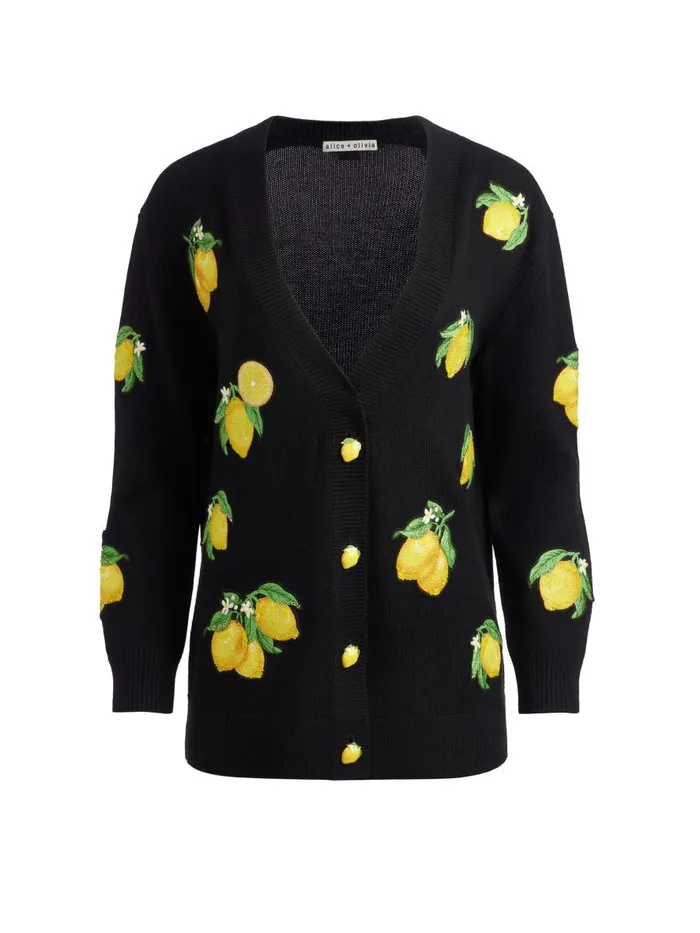 Sweaters Women Alice Olivia BRADFORD CARDIGAN WITH APPLIQUES Lemon Tree