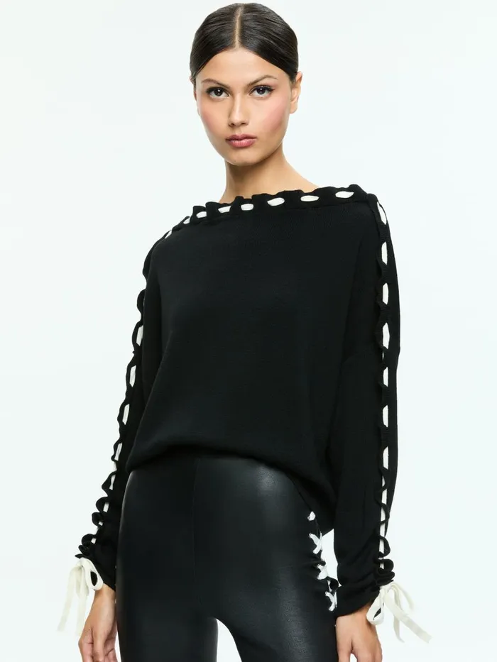 Sweaters Women Alice Olivia CALANDRA LACE UP SLEEVE PULLOVER Blackecru