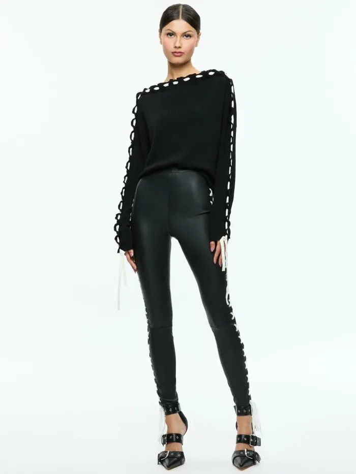 Sweaters Women Alice Olivia CALANDRA LACE UP SLEEVE PULLOVER Blackecru