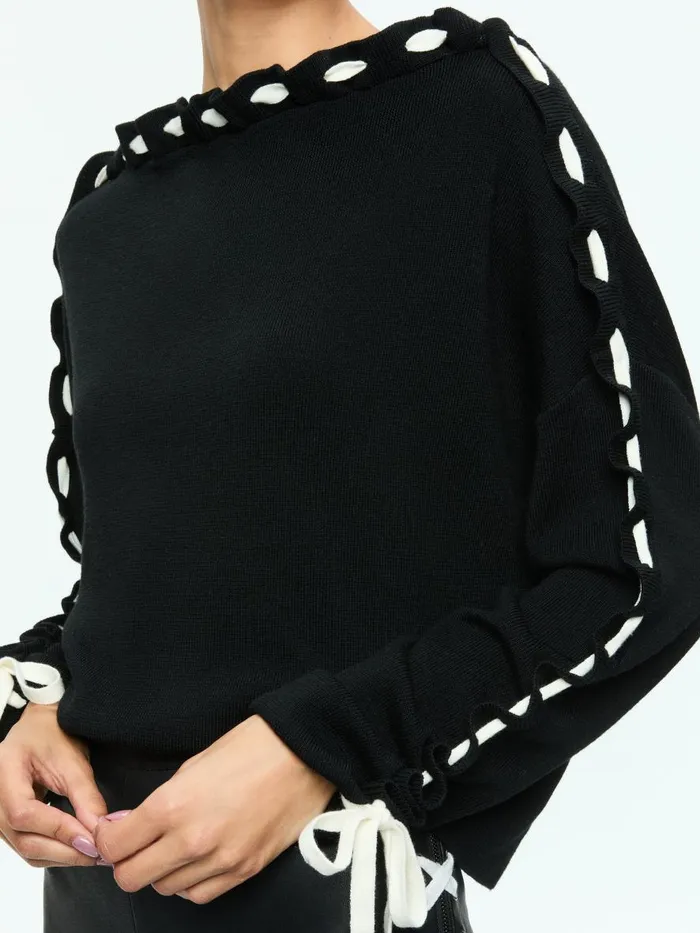 Sweaters Women Alice Olivia CALANDRA LACE UP SLEEVE PULLOVER Blackecru