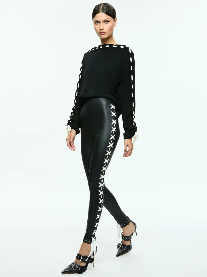 Sweaters Women Alice Olivia CALANDRA LACE UP SLEEVE PULLOVER Blackecru
