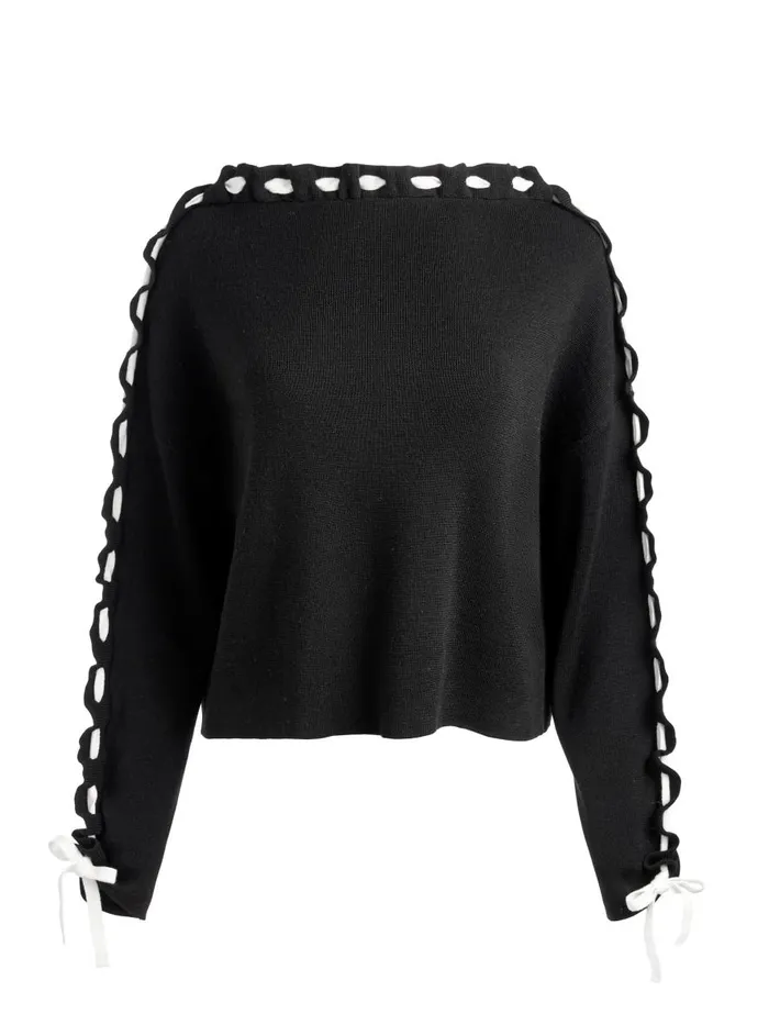 Sweaters Women Alice Olivia CALANDRA LACE UP SLEEVE PULLOVER Blackecru