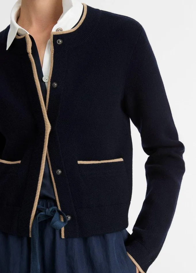Sweaters Women Vince ContrastTipped WoolBlend Snap Cardigan Coastal Bluesable Sweaters Women Vince ContrastTipped WoolBlend Snap Cardigan Coastal Bluesable