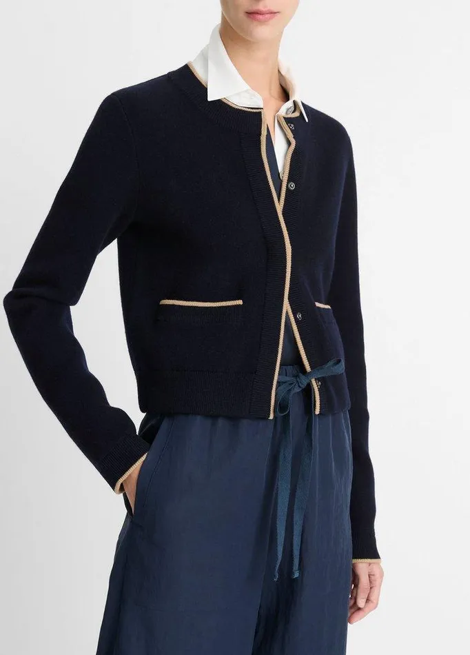Sweaters Women Vince ContrastTipped WoolBlend Snap Cardigan Coastal Bluesable Sweaters Women Vince ContrastTipped WoolBlend Snap Cardigan Coastal Bluesable