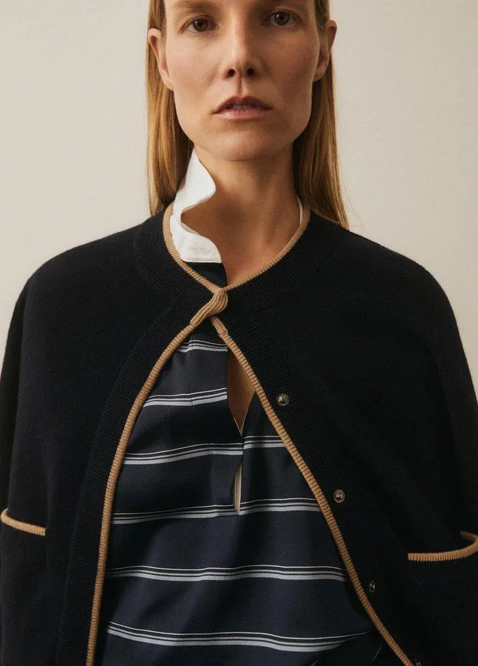 Sweaters Women Vince ContrastTipped WoolBlend Snap Cardigan Coastal Bluesable Sweaters Women Vince ContrastTipped WoolBlend Snap Cardigan Coastal Bluesable