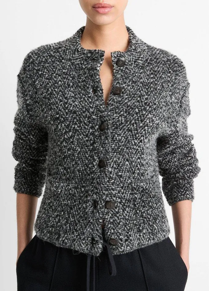 Sweaters Women Vince Herringbone WoolBlend Cardigan Jacket Blackoff White Combo Sweaters Women Vince Herringbone WoolBlend Cardigan Jacket Blackoff White Combo