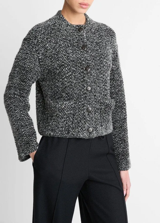 Sweaters Women Vince Herringbone WoolBlend Cardigan Jacket Blackoff White Combo Sweaters Women Vince Herringbone WoolBlend Cardigan Jacket Blackoff White Combo