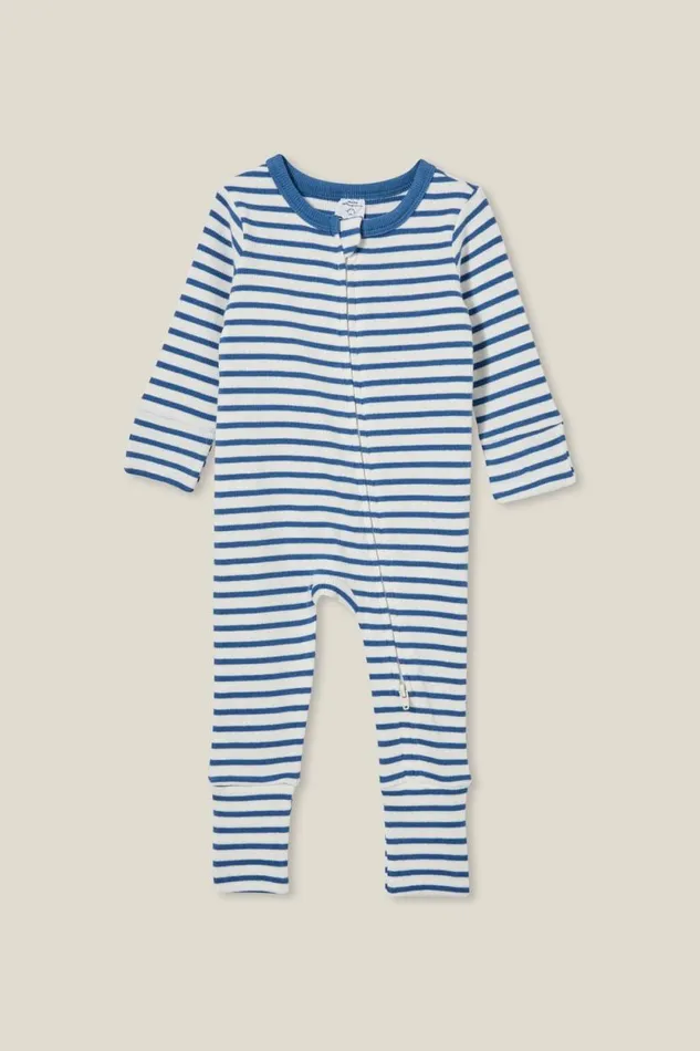 The Billie Long Sleeve Rib Romper Petty Bluevanilla Stripe Baby Cotton On Rompers and Bubbysuits