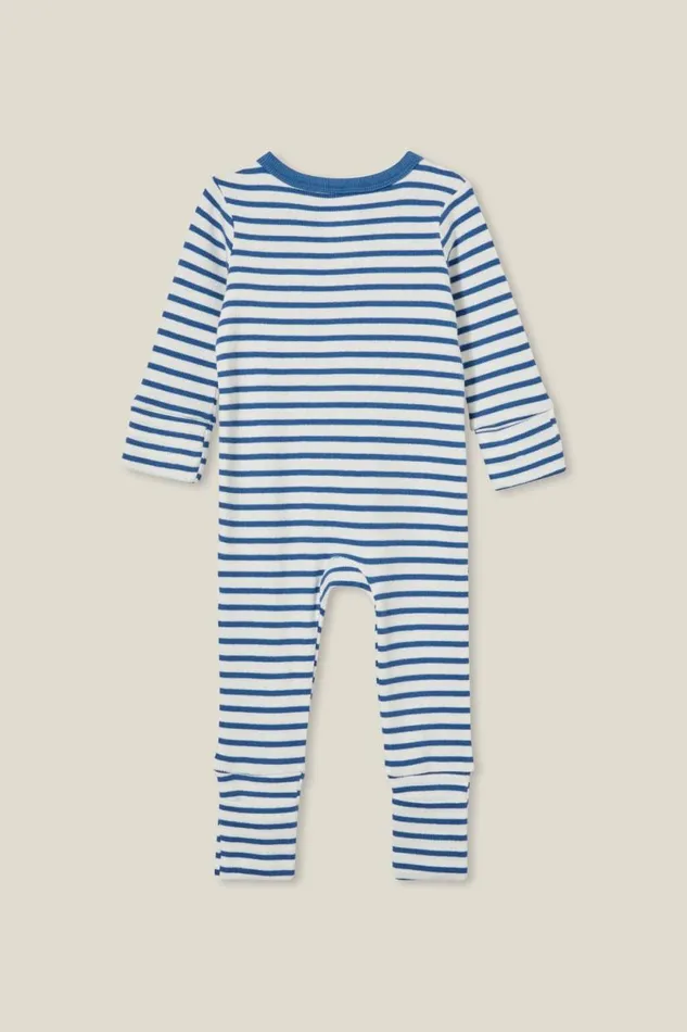 The Billie Long Sleeve Rib Romper Petty Bluevanilla Stripe Baby Cotton On Rompers and Bubbysuits The Billie Long Sleeve Rib Romper Petty Bluevanilla Stripe Baby Cotton On Rompers and Bubbysuits