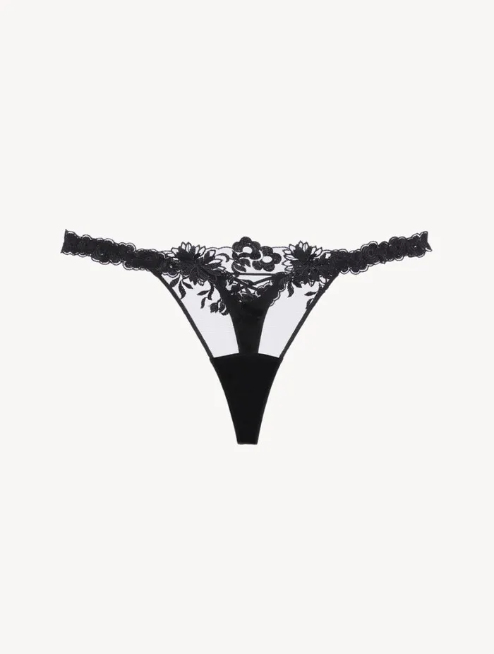 Thong In Black Lycra With Embroidered Tulle Lingerie La Perla G String and Thong