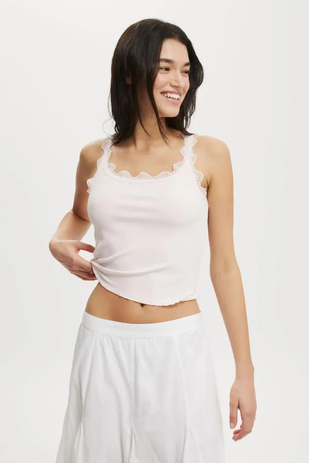 Tibby Lace Trim Tank Flossy Pink Women Cotton On Tops