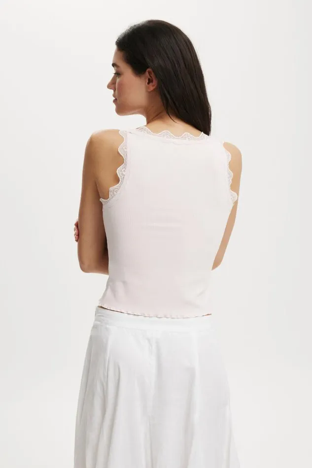 Tibby Lace Trim Tank Flossy Pink Women Cotton On Tops