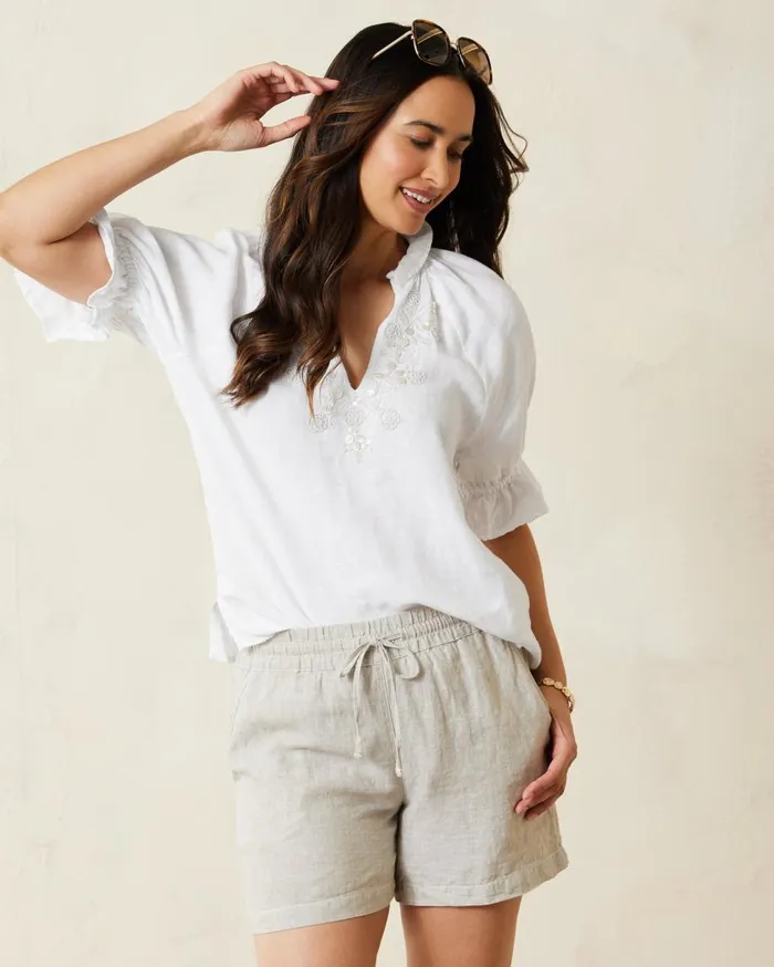 Tommy Bahama Coastalina Shell Embroidered ShortSleeve Linen Top White Women Tops and Shirts Tommy Bahama Coastalina Shell Embroidered ShortSleeve Linen Top White Women Tops and Shirts