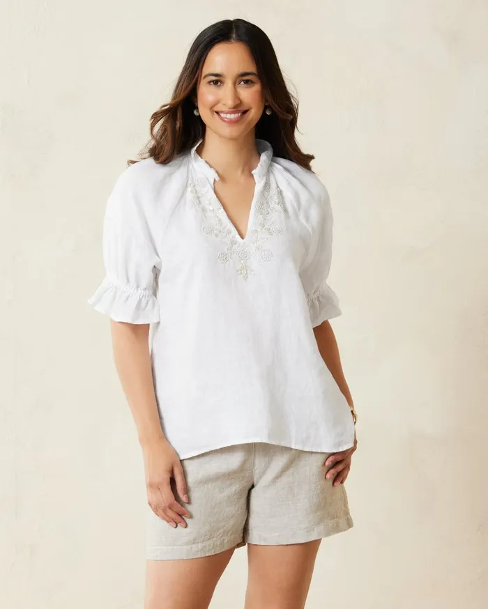 Tommy Bahama Coastalina Shell Embroidered ShortSleeve Linen Top White Women Tops and Shirts Tommy Bahama Coastalina Shell Embroidered ShortSleeve Linen Top White Women Tops and Shirts