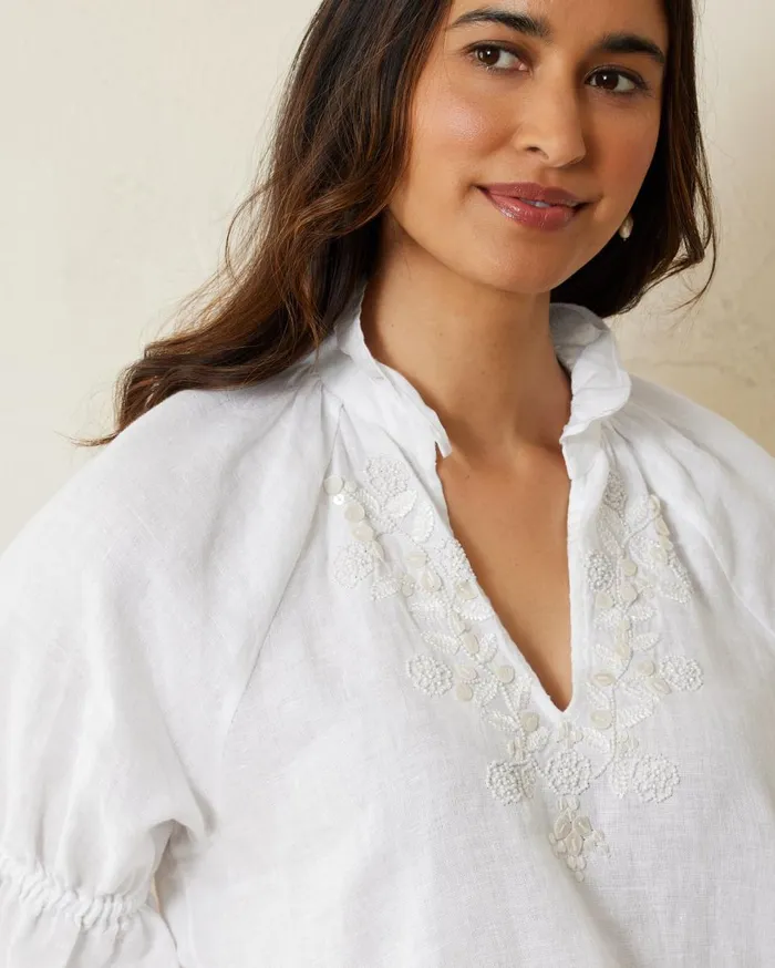 Tommy Bahama Coastalina Shell Embroidered ShortSleeve Linen Top White Women Tops and Shirts Tommy Bahama Coastalina Shell Embroidered ShortSleeve Linen Top White Women Tops and Shirts