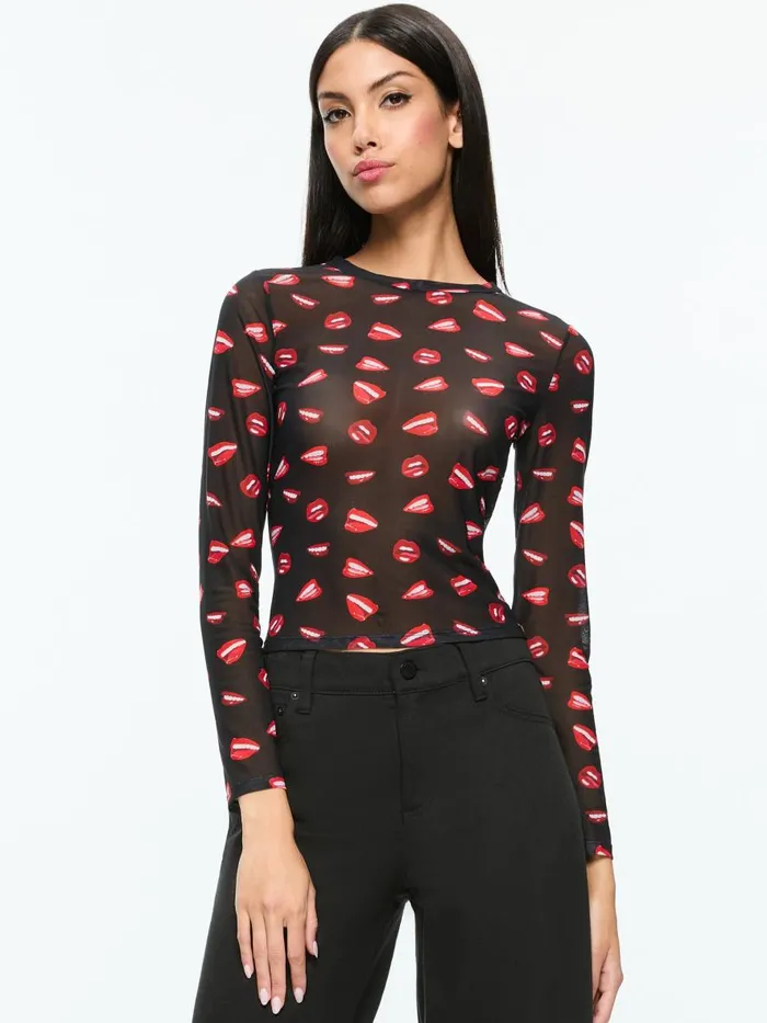Tops Women Alice Olivia AO X TOM WESSELMANN DELAINA MESH LONG SLEEVE TOP Lip Sync Black Tops Women Alice Olivia AO X TOM WESSELMANN DELAINA MESH LONG SLEEVE TOP Lip Sync Black