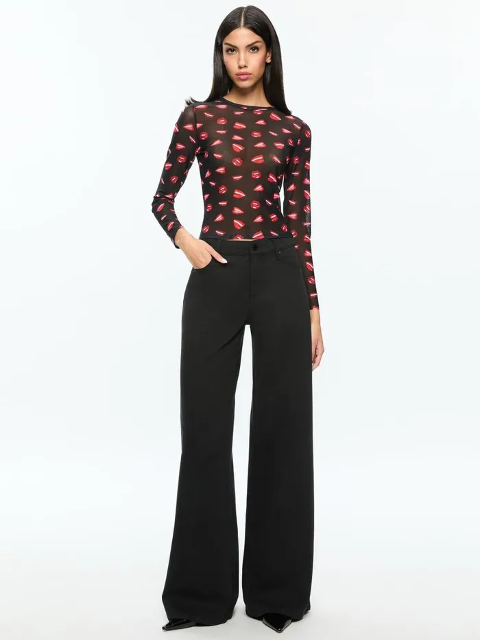 Tops Women Alice Olivia AO X TOM WESSELMANN DELAINA MESH LONG SLEEVE TOP Lip Sync Black
