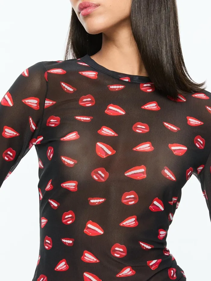 Tops Women Alice Olivia AO X TOM WESSELMANN DELAINA MESH LONG SLEEVE TOP Lip Sync Black