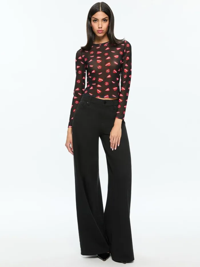 Tops Women Alice Olivia AO X TOM WESSELMANN DELAINA MESH LONG SLEEVE TOP Lip Sync Black