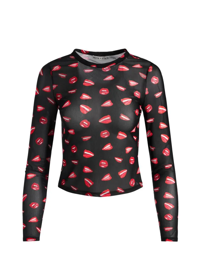 Tops Women Alice Olivia AO X TOM WESSELMANN DELAINA MESH LONG SLEEVE TOP Lip Sync Black