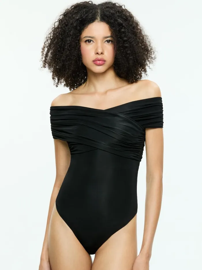 Tops Women Alice Olivia AVERNE OFF THE SHOULDER CROSS BODYSUIT Black