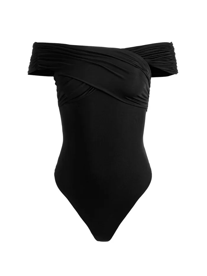 Tops Women Alice Olivia AVERNE OFF THE SHOULDER CROSS BODYSUIT Black
