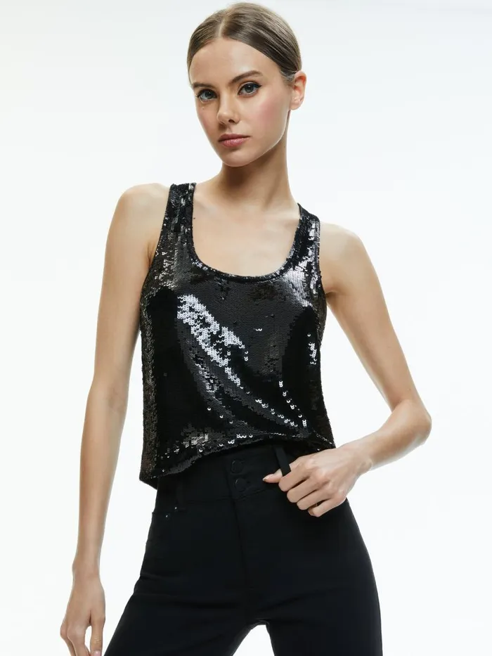 Tops Women Alice Olivia AVRIL SEQUIN BOXY TANK Black