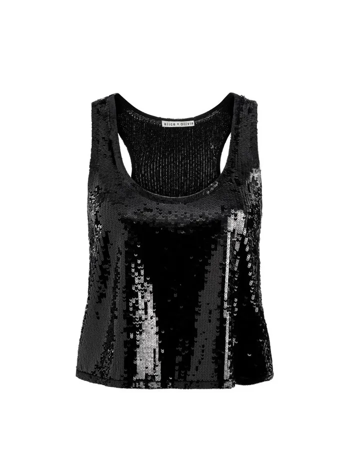 Tops Women Alice Olivia AVRIL SEQUIN BOXY TANK Black