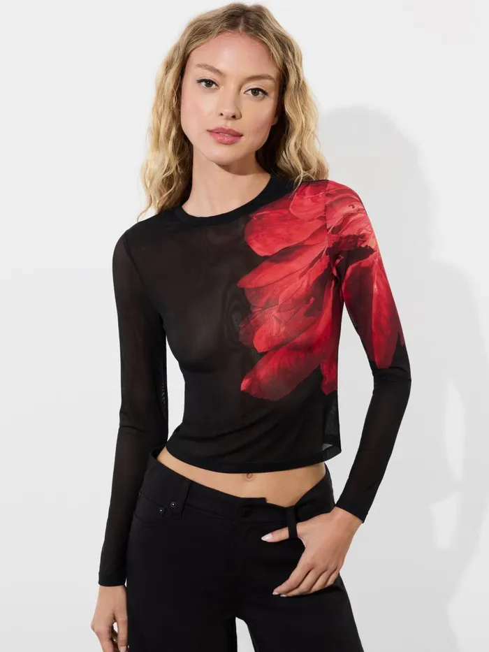 Tops Women Alice Olivia DELAINA MESH LONG SLEEVE CROP TOP Italian Landscape