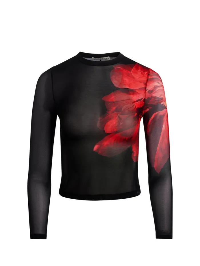 Tops Women Alice Olivia DELAINA MESH LONG SLEEVE CROP TOP Italian Landscape