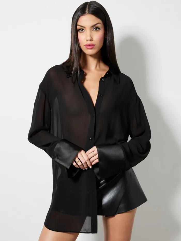 Tops Women Alice Olivia FINELY SHEER OVERSIZED BUTTON DOWN Black