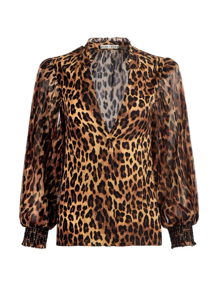 Tops Women Alice Olivia ILAN BUTTON FRONT BLOUSE Spotted Leopard Dark Tan