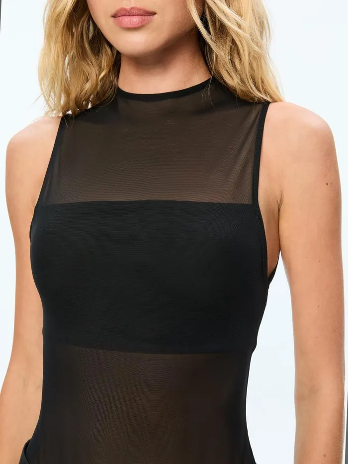 Tops Women Alice Olivia NICHOL HIGH NECK SLEEVELESS MESH BODYSUIT Black