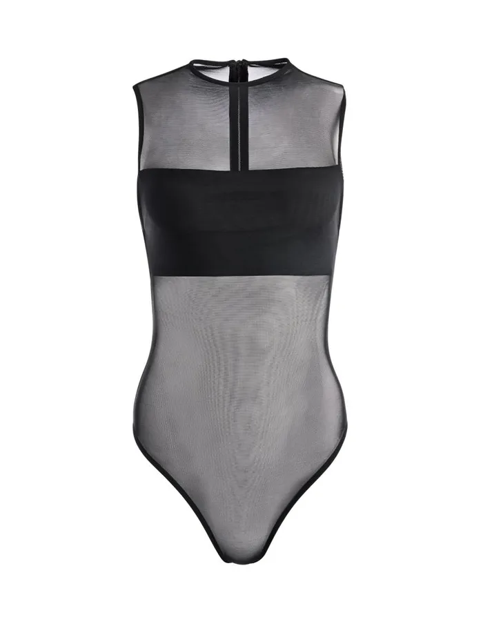 Tops Women Alice Olivia NICHOL HIGH NECK SLEEVELESS MESH BODYSUIT Black