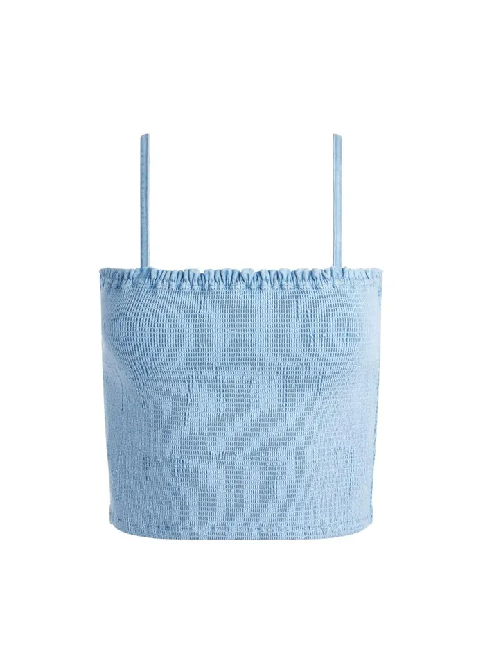 Tops Women Alice Olivia PENELOPE SMOCKED DENIM TOP Leona Light Blue