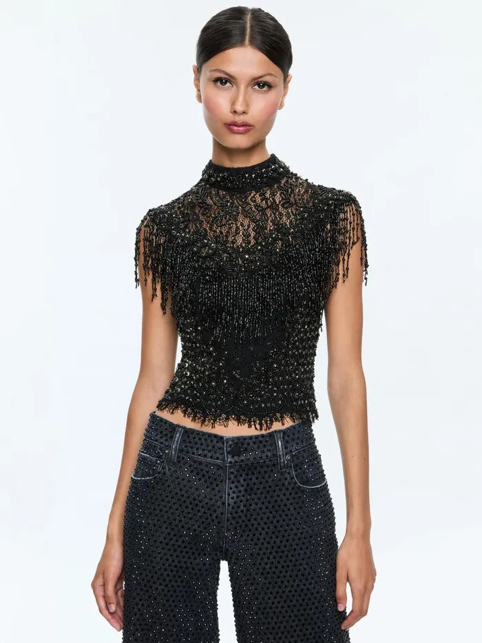 Tops Women Alice Olivia PRIA EMBELLISHED MOCK NECK FRINGE TOP Black