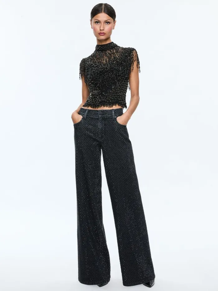 Tops Women Alice Olivia PRIA EMBELLISHED MOCK NECK FRINGE TOP Black