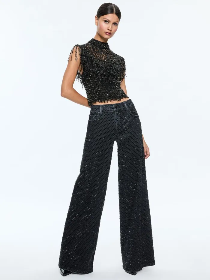 Tops Women Alice Olivia PRIA EMBELLISHED MOCK NECK FRINGE TOP Black