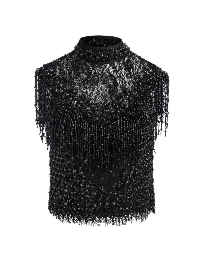 Tops Women Alice Olivia PRIA EMBELLISHED MOCK NECK FRINGE TOP Black