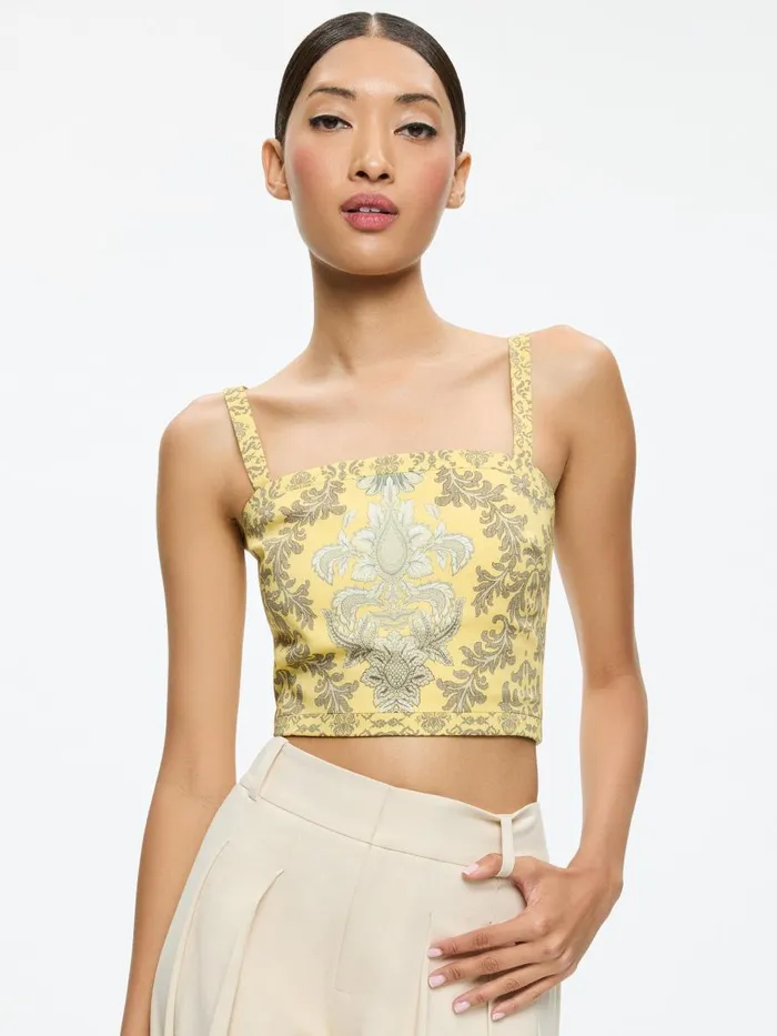 Tops Women Alice Olivia SASHA LACE UP BACK CROPPED TOP Vanity Lemon Meringuemulti